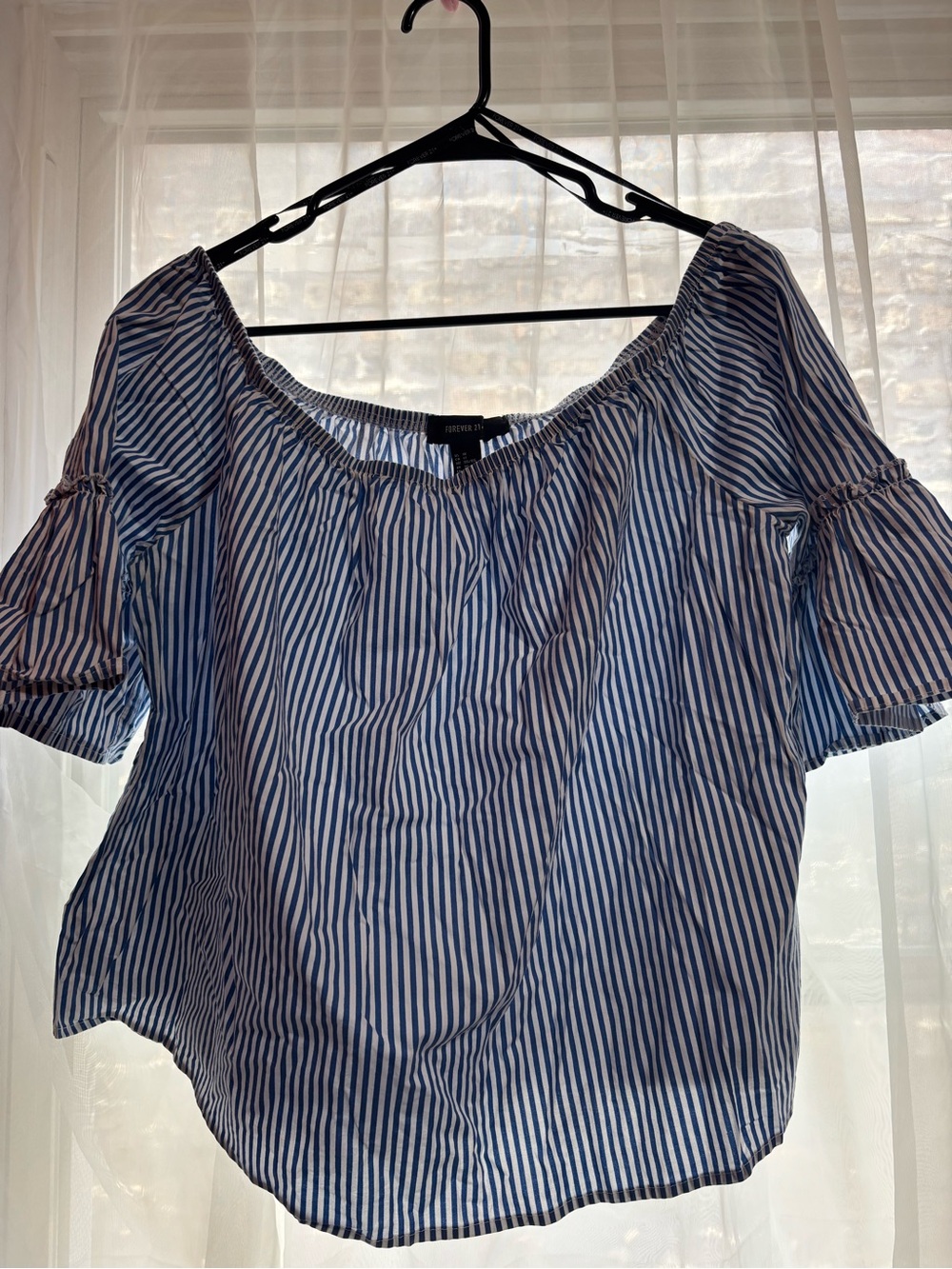 Forever 21 Blue & White Striped Off-Shoulder Blouse